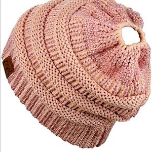 C.C BeanieTail Soft Stretch Cable Knit Messy High Bun Ponytail Beanie Hat